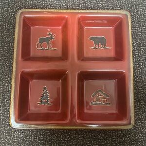 Rustic Red Divided Ceramic Plate with Nature Designs